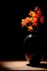 Fototapeta premium Orange flowers arranged in a glossy black vase on a wooden table against a dark background. Concept Still Life Photography, Orange Flowers, Glossy Black Vase, Wooden Table, Dark Background