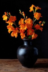 Fototapeta premium Bright orange canna lilies arranged in a glossy black vase on a wooden table against a dark backdrop. Concept Orange Canna Lilies, Glossy Black Vase, Wooden Table Still Life, Dark Backdrop