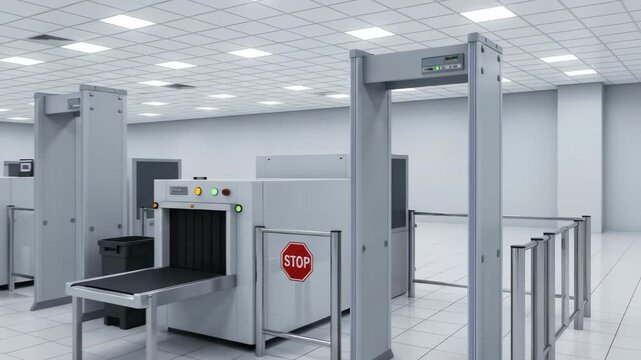 Empty airport security checkpoint showing x-ray machines and walkthrough metal detector for baggage and passenger screening.