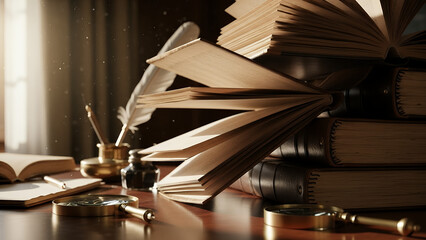A stack of old books and notebooks on a wooden desk with quill and inkwell in a dimly lit room with natural light filtering through the window