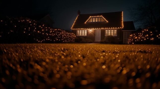 Suburban house decorated with colorful festive string lights at night