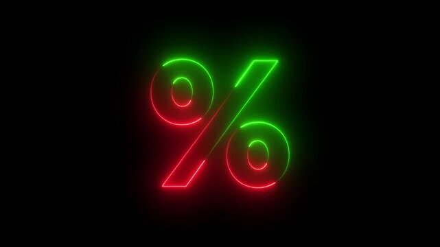 Neon sign % animation. Glowing % icon animation on solid background.Glowing neon constant percentage symbol.