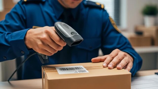 Man scans barcode on parcel box, using a digital scanner for logistics and inventory management in a warehouse.