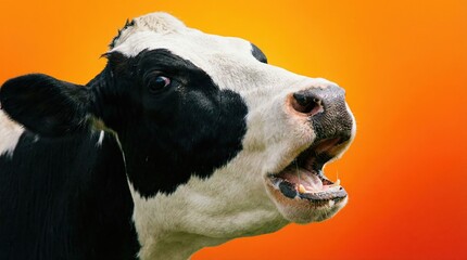 A close-up view shows a holstein cow with its mouth agape and tongue waggling, standing in a field with an orange gradient backdrop, capturing farm life and animal behavior.