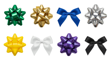 Colorful gift bow set including star bows and satin ribbons in diverse colors isolated. Decorative celebration and present wrapping accessories.