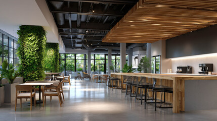 Fototapeta premium Modern and Innovative Co-Working Hub Interior Design with Natural Elements and Open Space for Collaboration and Creativity in Futuristic Setting