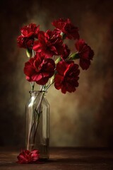 Fototapeta premium Red carnations in a clear glass bottle with water on a dark wooden table, a single petal resting beside the bottle. Concept Red carnations in a glass bottle, Water on a dark wooden table
