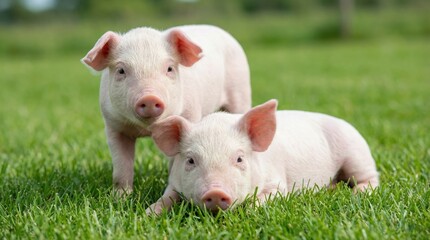 Charming close-up featuring two precious pink piglets playfully frolicking on vibrant green grass, embodying the idyllic beauty of farm life and the simple joys of springtime adventures.