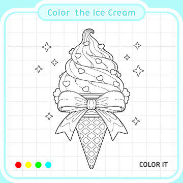 Black and white vector illustration of a cute ice cream cone with ribbon and heart details. Editable and printable coloring page designed for kids, perfect for coloring books, preschool worksheets.