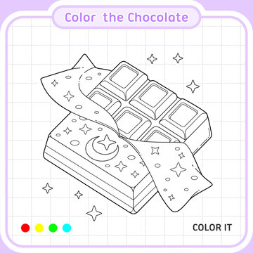 Black and white vector illustration of a cute chocolate bar with decorative wrapper. Editable and printable coloring page designed for kids, perfect for coloring books, preschool worksheets.