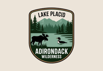 Obraz premium Vintage Emblem of Lake Placid with Majestic Moose and Tranquil Loon in Adirondack Wilderness