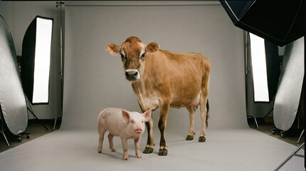 Studio shot capturing the essence of rural life with a brown cow and pink pig posed together, set against a smooth gray backdrop and illuminated by professional studio lighting techniques.