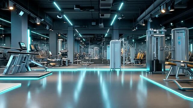 Modern Fitness Gym Interior with Advanced Equipment and Sleek Design Illuminated by Neon Lights