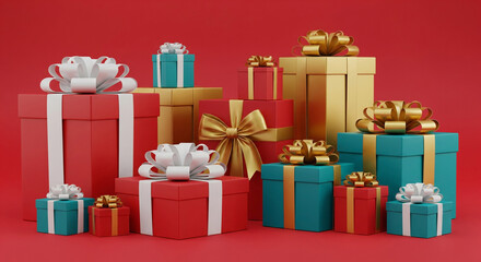 A collection of brightly colored gift boxes is arranged against a vibrant red backdrop