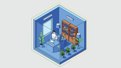 Fototapeta premium Small isometric office room in shades of blue features a man working at a desk surrounded by plants and bookshelves.