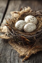 Obraz premium Three speckled eggs in a bird’s nest on a rustic wooden surface. Concept Rustic nature still life, Speckled eggs close-up, Bird nest on weathered wood, Textured wood surface detail