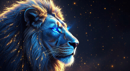 Fototapeta premium A majestic lion head, predominantly blue with a network-like texture and glowing golden embers