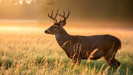 Obraz premium A majestic whitetail buck stands gracefully in a misty, sun-kissed golden field during an ethereal sunrise or sunset.