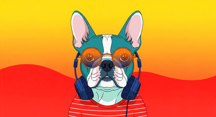 A stylized illustration of a French Bulldog, centrally positioned in the frame, facing the viewer directly