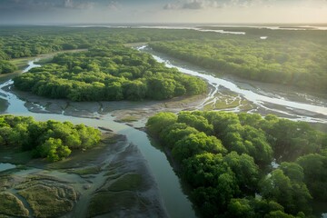 Aerial View of River Winding Through Lush Green Forest