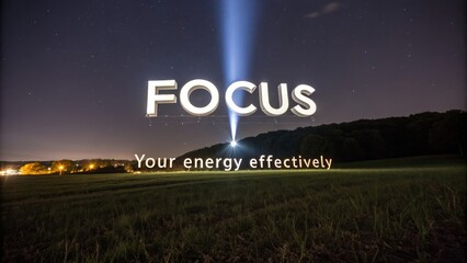 Illuminated FOCUS word with light beam over landscape