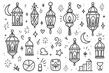 Fototapeta premium Hand-drawn doodle vector set of Ramadan and Eid lanterns in a fun style, isolated on white background 