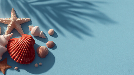 Serene summer holiday seashells and starfish on a blue background with copy space, viewed from directly above in a realistic style