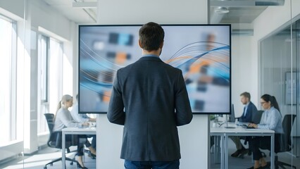 Businessman Presenting Data on Large Screen in Modern Office