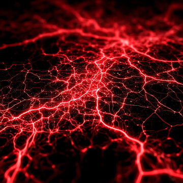 Abstract red glowing neural network background with complex energy connections resembling lightning bolts and biological blood vessels in dark space