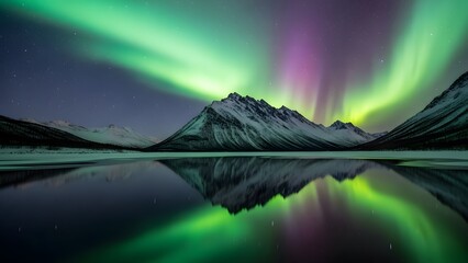 Spectacular aurora borealis light show over snow-capped mountains reflecting vibrant green and purple colors on still water of frozen lake below starry night sky