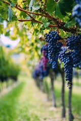 Obraz premium Rows of grapevines in a vineyard with hanging clusters of dark blue grapes. Concept Vineyard Rows, Grape Clusters, Rustic Landscape, Outdoor Photography, Deep Blue Grapes