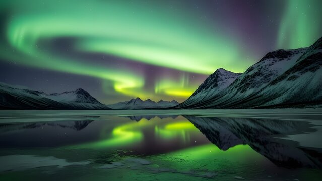Spectacular northern lights aurora borealis over a serene frozen lake with snow capped mountains reflecting vibrant green light in distance