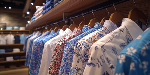Colorful shirts displayed in a clothing store showcase a vibrant collection of patterns and styles.