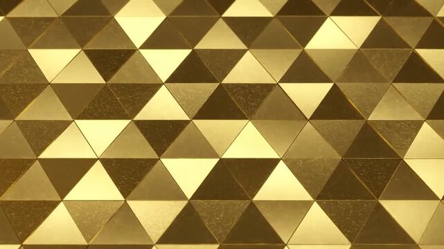 Metallic golden wall with geometric design composed of three-sided shapes creating a repeated pattern