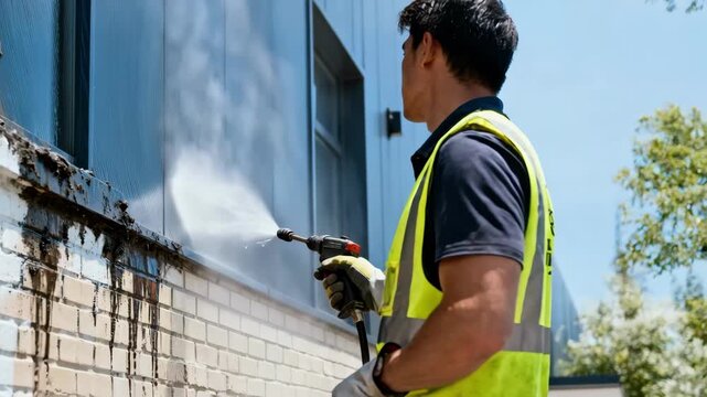 Medium shot of a worker applying highpressure water spray to remove stubborn dirt and grime from a buildings exterior before painting