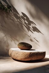 Naklejka premium A small, smooth stone balanced on a larger flat rock on a round pedestal, with leaf shadows on a sunlit beige wall. Concept Balanced stone, Minimalist still life, Leaf shadows, Sunlit beige wall