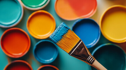 Bright paint containers and brush on colorful surface