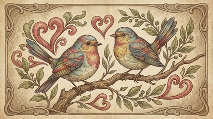 Colorful Vintage Illustration of Two Charming Birds Perched on a Branch Surrounded by Ornate Hearts