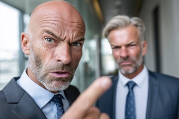 Angry senior businessman accusing colleague during workplace confrontation in office corridor. Tense corporate conflict between mature male executives under pressure
