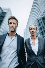 European male and female professionals walking together with purpose through city streets. Young business partners moving forward in modern urban environment