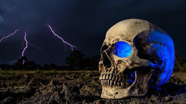 A skull rests on the ground while a purple lightning storm rages in the dark sky