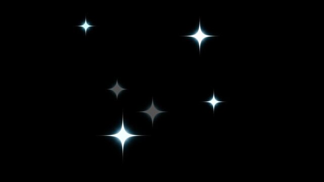Glowing sparkle star animation, white twinkling glitter shine, fairy dust magic glow trail, cartoon doodle stars pop burst overlay, transparent background and black screen, 4k