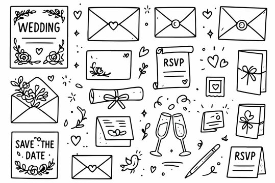 Hand-drawn doodle vector set of wedding invitations and envelopes in a fun style, isolated on white background
