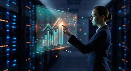 Businesswoman interacting with 3d charts in server room
