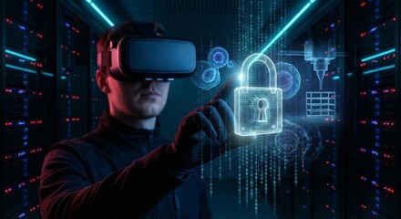 Man with vr headset interacting with digital lock in data center