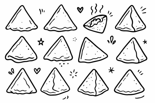 Hand-drawn doodle vector set of samosa illustrations and snack icons, isolated on white background
