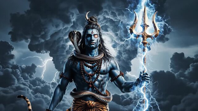 Lord Shiva with Trident Amidst Thunderstorm and Lightning Power