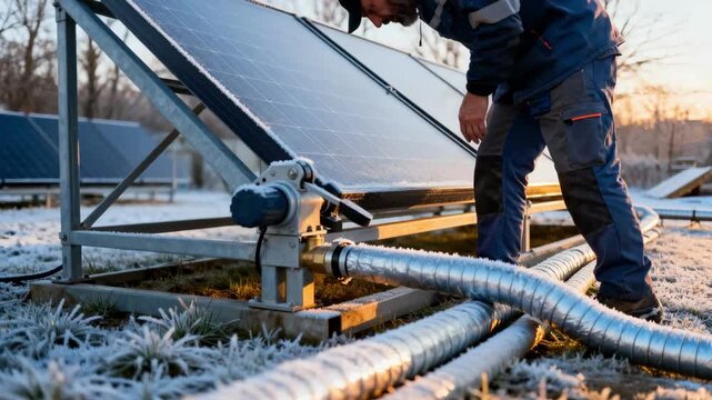 Medium shot capturing seasonal solar thermal panels being adjusted to optimize energy capture for hydronic heating during colder months.