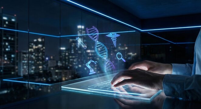 Futuristic keyboard typing dna helix hologram