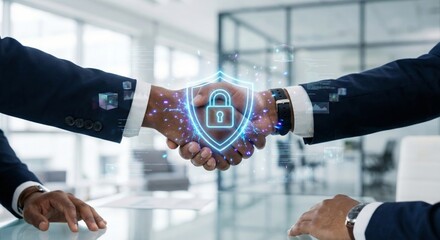 Business hands shaking with cybersecurity shield and data